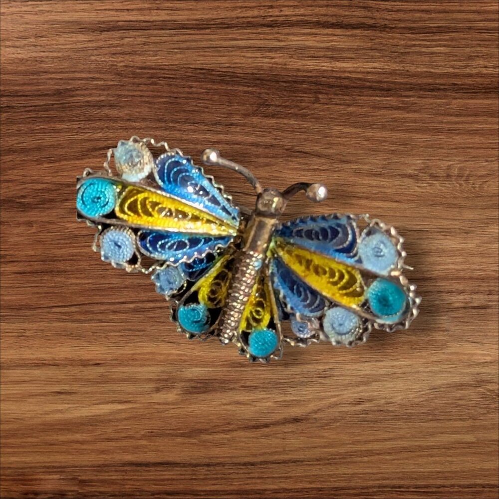 Vintage Butterfly Filigree Brooch Pin Enamel Handcrafted Elegant Blue Yellow Del